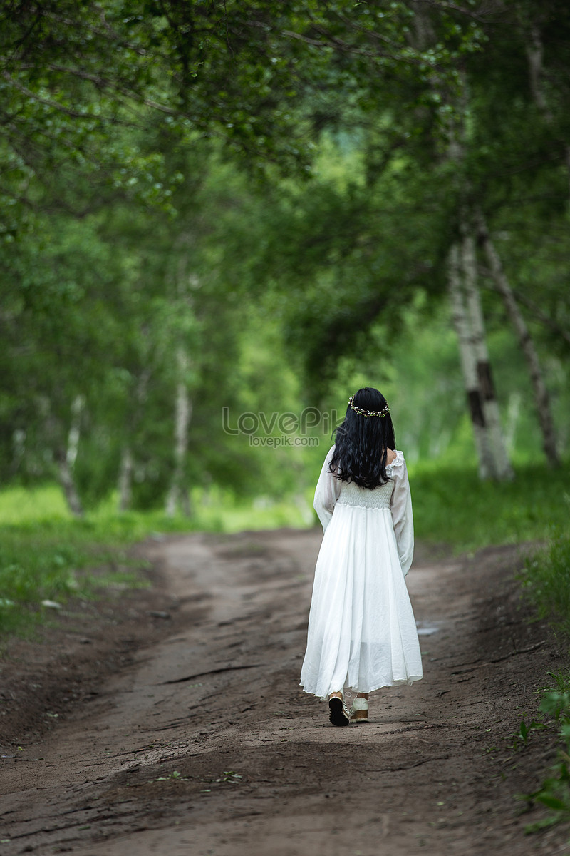 Красивый вид сзади девушки в белом платье в берёзовом лесу изображение_Фото номер 500786503_JPG Формат изображения_ru.lovepik.com