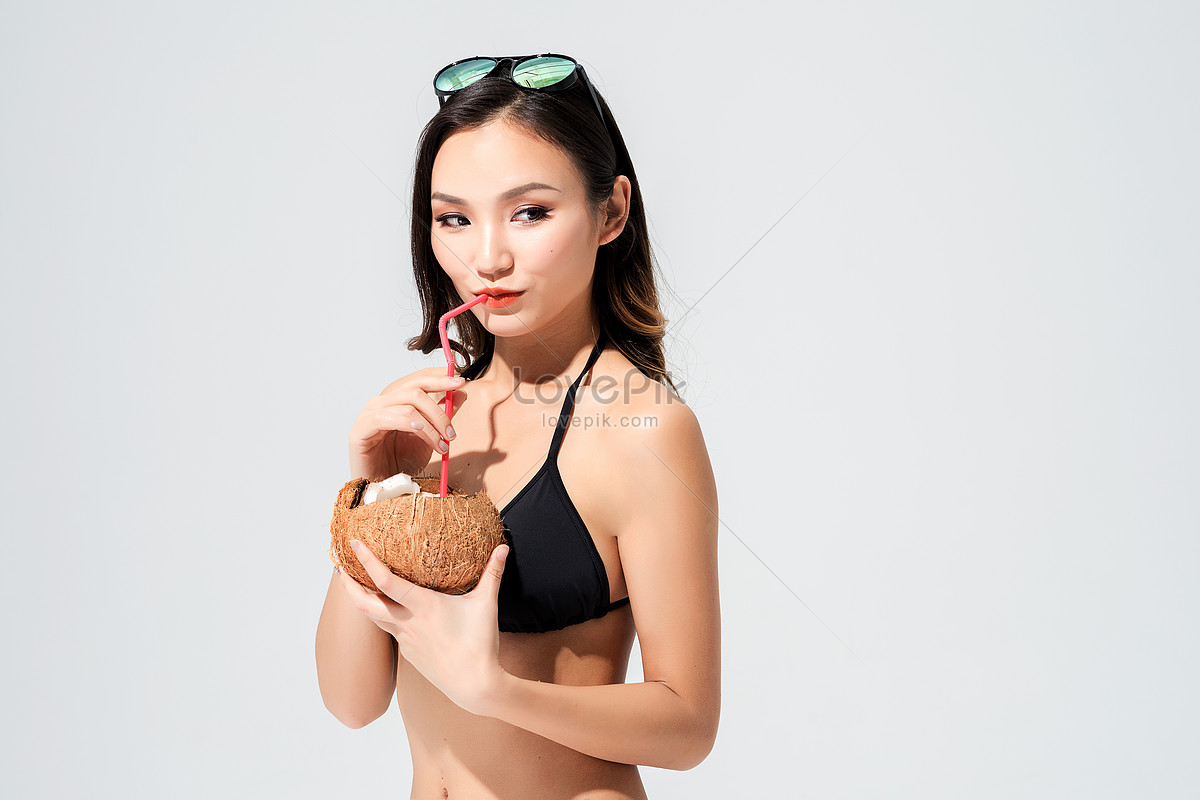 Black Bikini Swimsuit Drinks Coconut Milk, Drinking Straw, Water