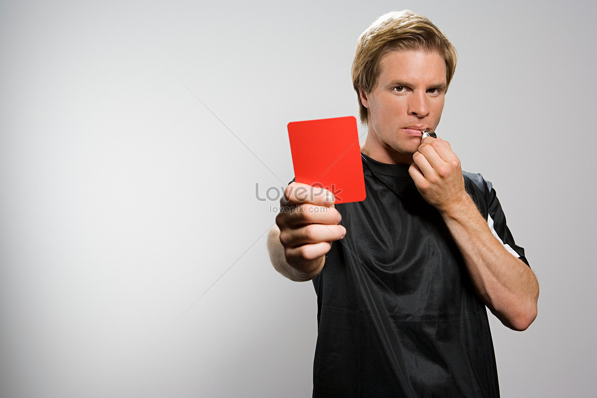 Referee whistling holding red card Royalty Free Vector Image