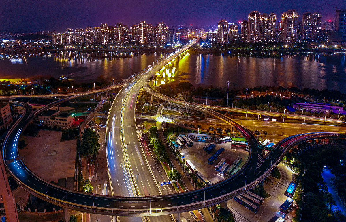 Aerial View Of Fuzhou City Overpass At Night Picture And HD Photos 