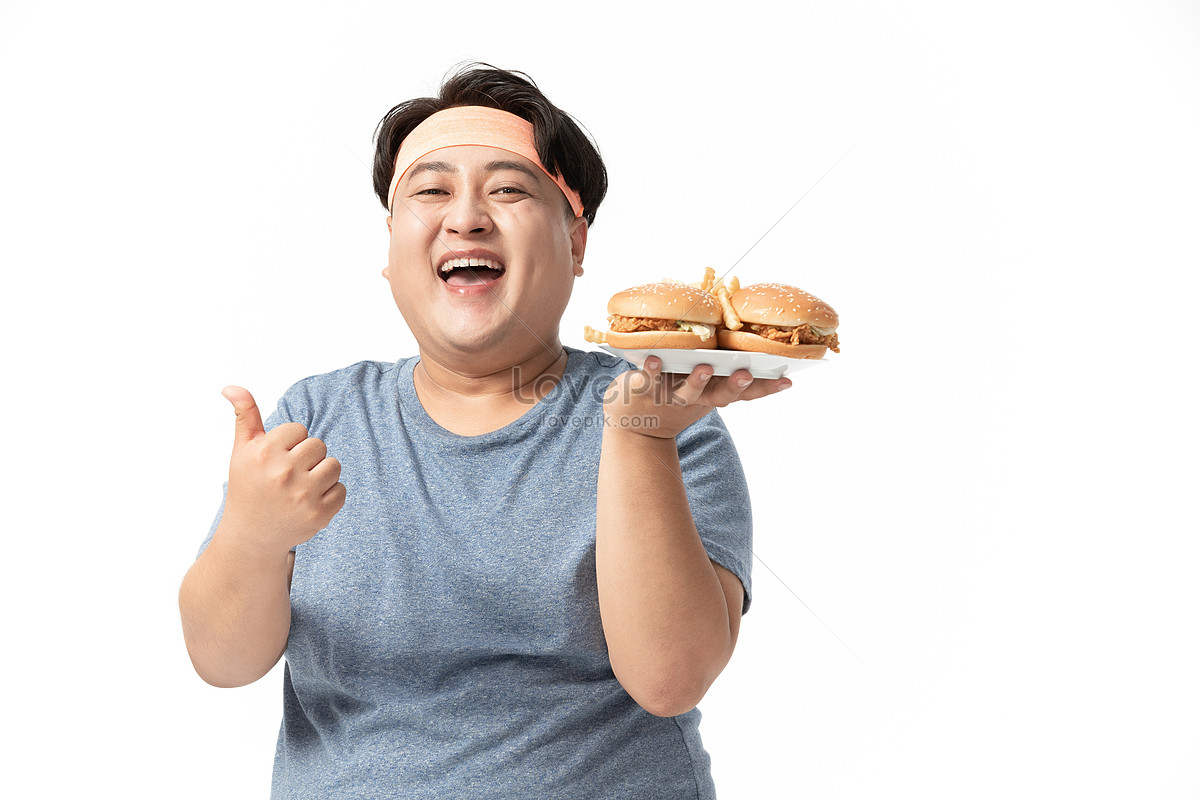뚱뚱한 남자 손에 햄버거와 엄지 손가락 사진 무료 다운로드 - Lovepik