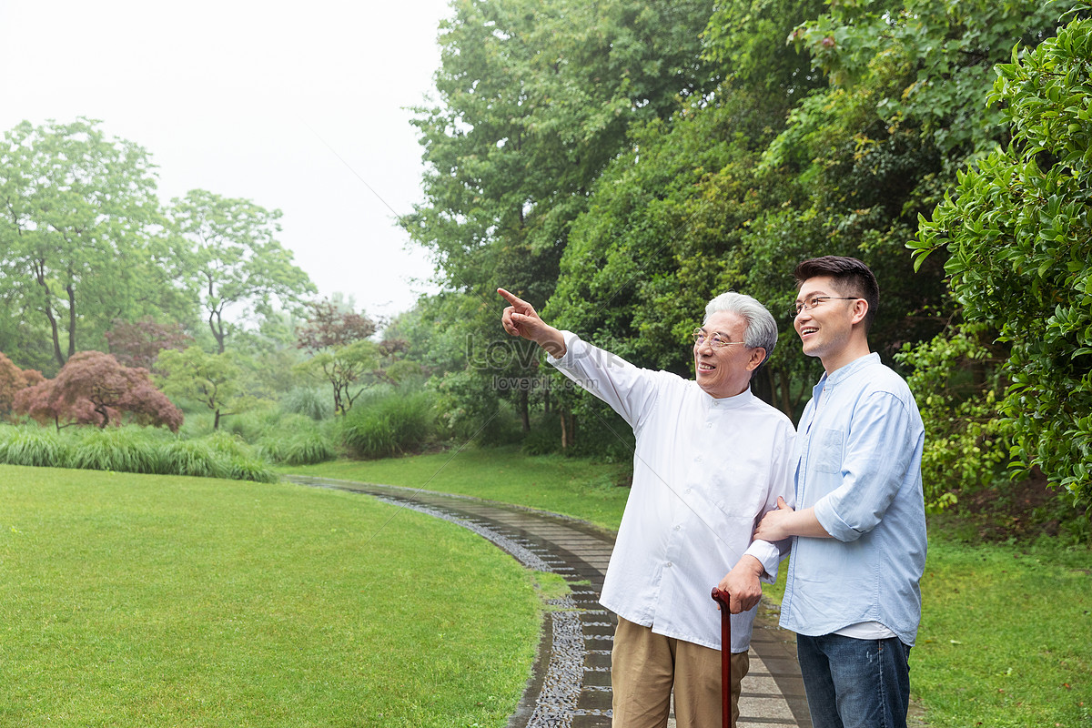 Son Helped His Father Walk Around The Park Picture And HD Photos | Free ...