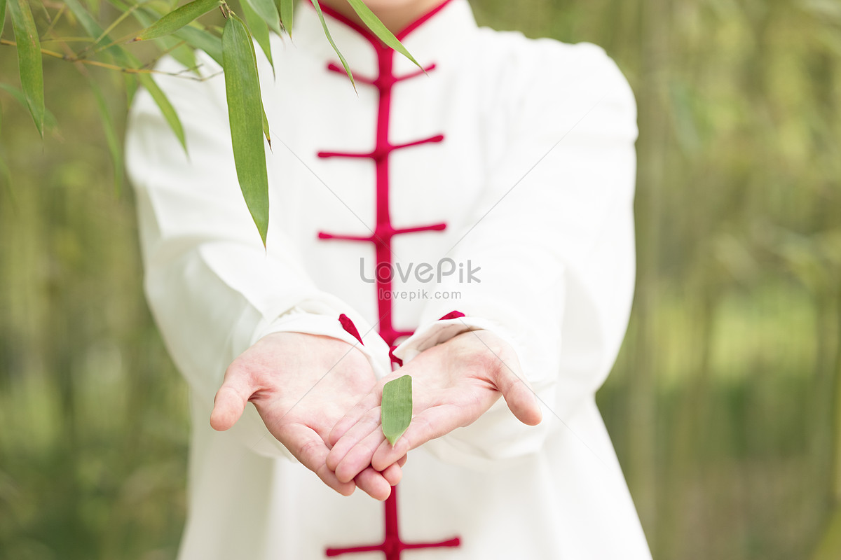 Una Mujer En Ropa De Práctica Sostiene Una Hoja De Bambú En La Mano Foto |  Descarga Gratuita HD Imagen de Foto - Lovepik