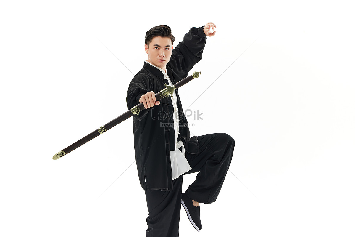 Chinese vector shaolin monk in kung fu pose, wearing an orange traditional  dress with hand drawn kung fu lettering