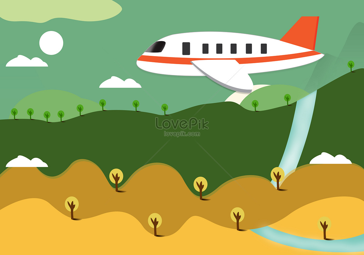 Travel air cargo aircraft, plane travel, flying plane, green trees illustration