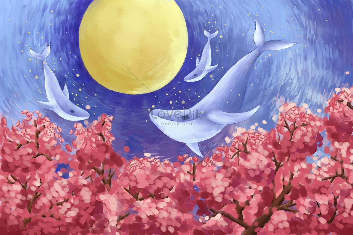 The beautiful background of the flying whales in the peach bloss ...