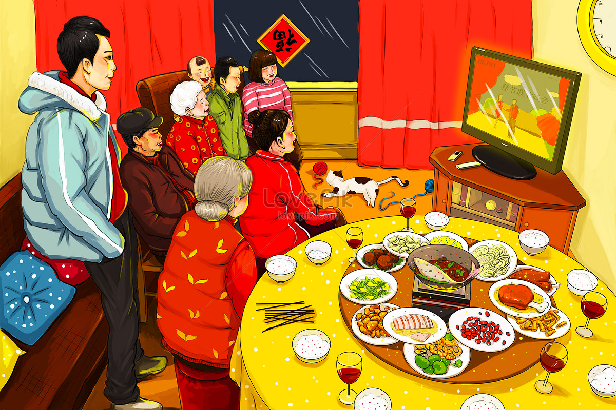 New years eve to see the spring festival gala illustration image