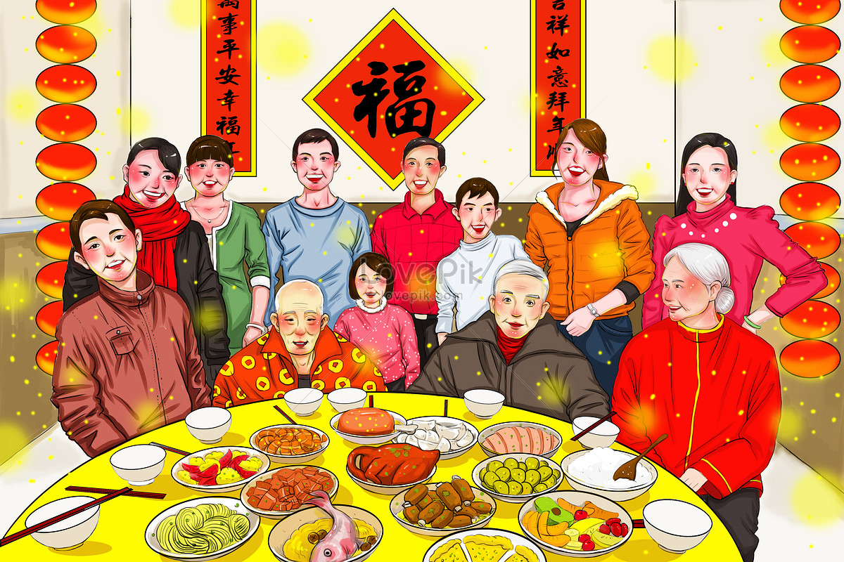 元旦节家庭聚餐插画图片-千库网