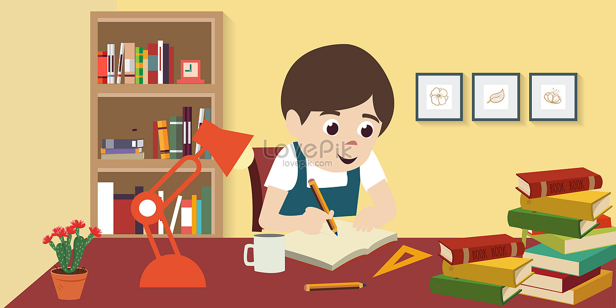 Do the homework, boy writing, cartoon sitting, book desk illustration