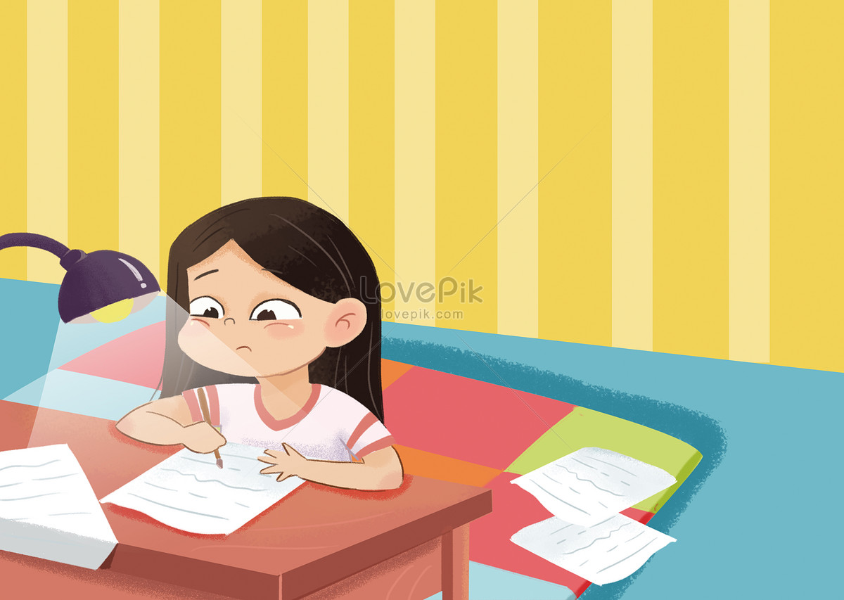 Do the homework, girl writing, cartoon school, girl sitting illustration