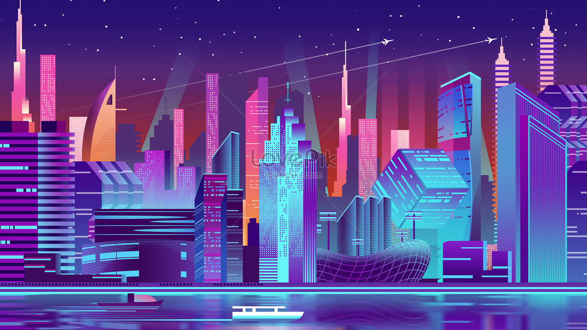 Neon color flat city building illustration image_picture free download ...