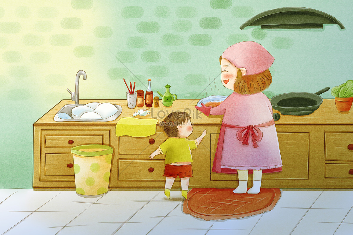 Пришел на кухню сын. Мама с ребенком на кухне. Иллюстрация мама и ребёнок на кухне. Кухня рисунок для детей. Кухня картина для детей.