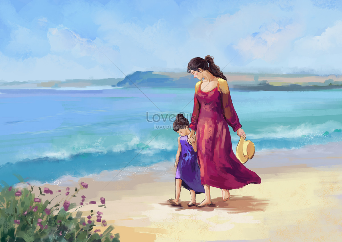 Прогулка у моря мама и дочь
