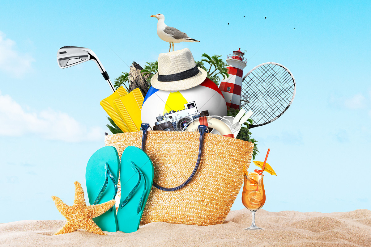 Creative travel background, beach collage, coast, travel water illustration
