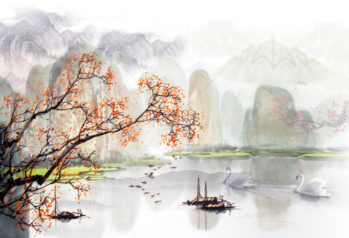 The background of chinese wind and ink landscape painting illustration ...