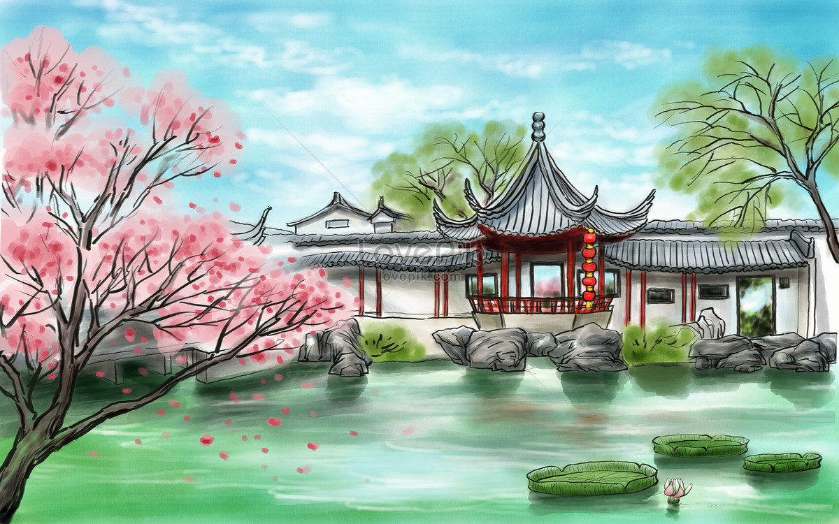 Ink painting landscape background suzhou garden illustration image ...