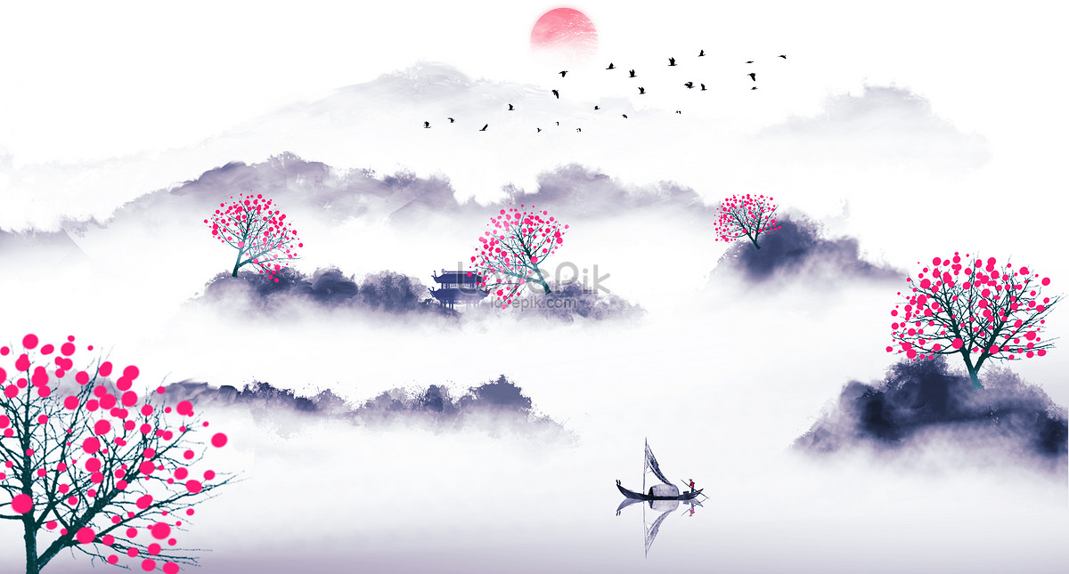 Chinese fengshui ink landscape painting illustration image_picture free ...