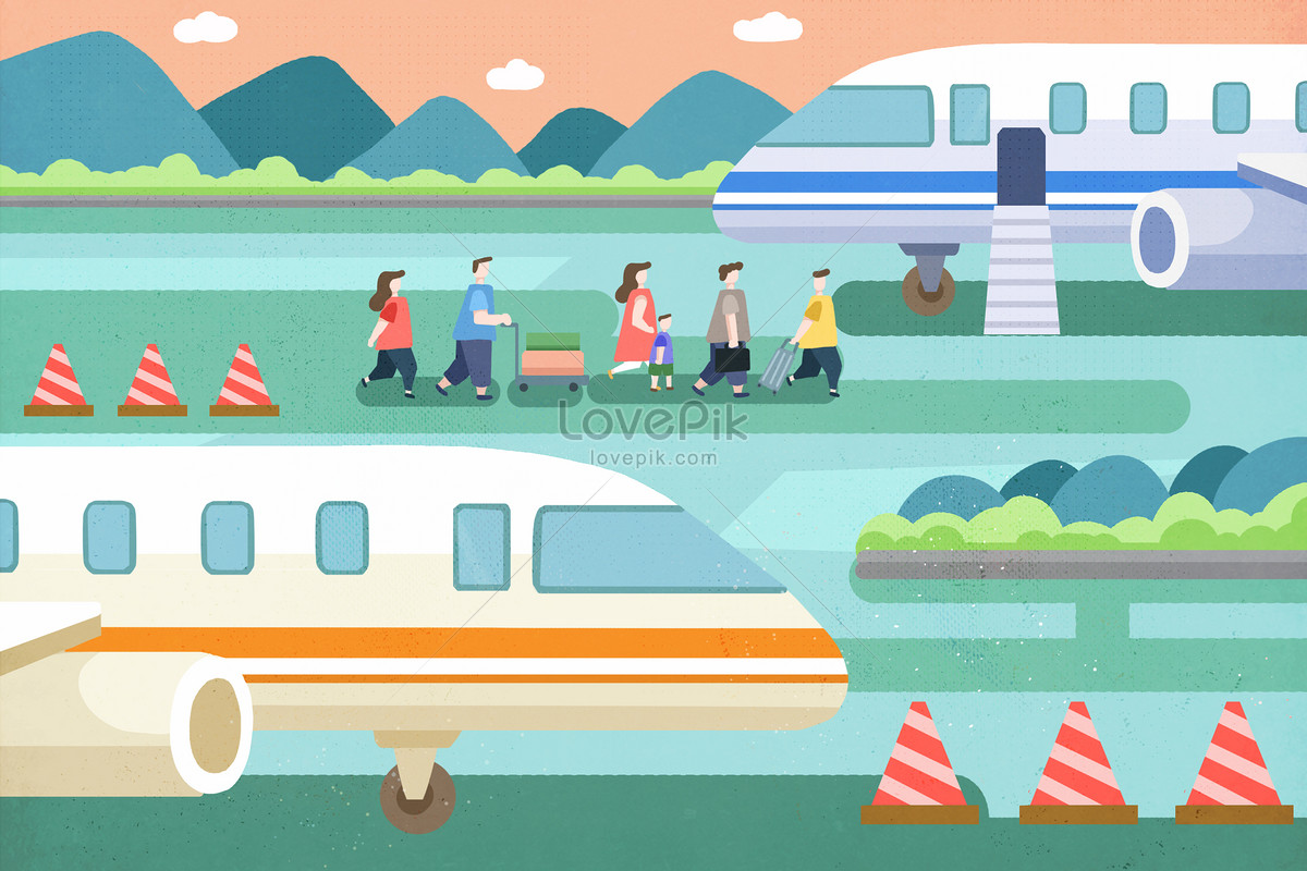 travel by air, airplane illustration, airport illustration, flat vector illustration