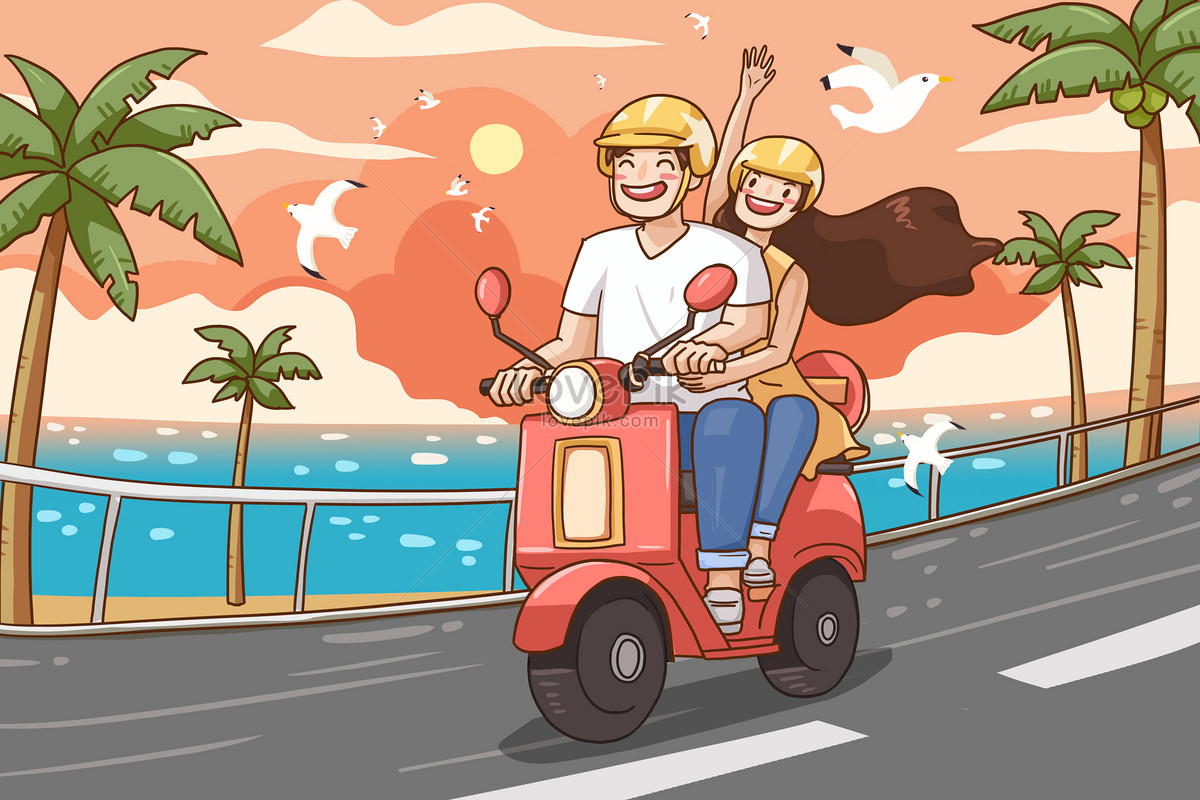 甜蜜情侣骑车图片卡通手绘人物免抠素材-PPT家园