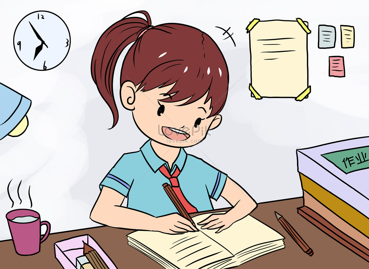 do homework cartoons, girl school, desk school, blue girl illustration
