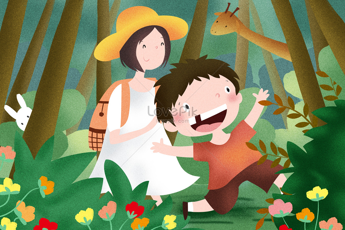 forest parent child travel, forest girl, boy girl, tree illustration