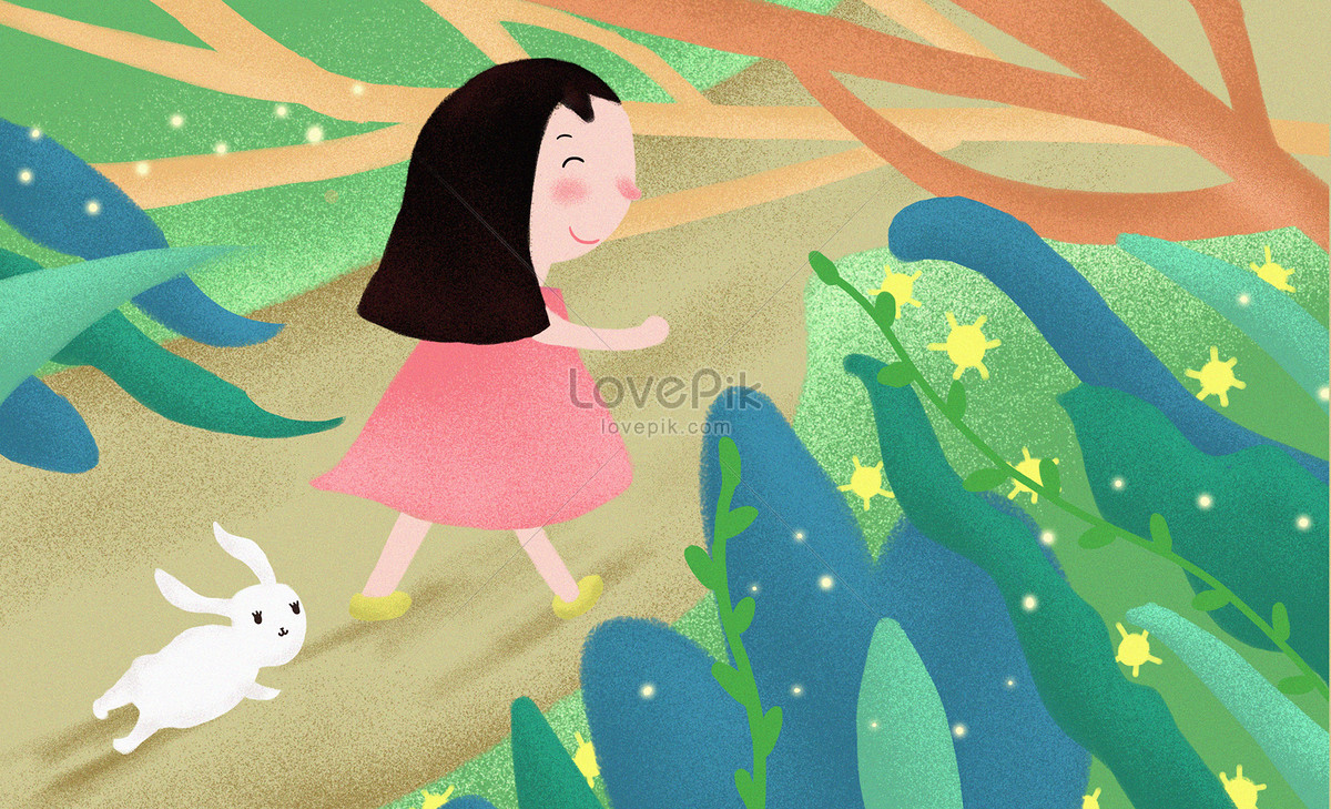 travel in the forest, girl group, group illustration, illustration rabbit illustration