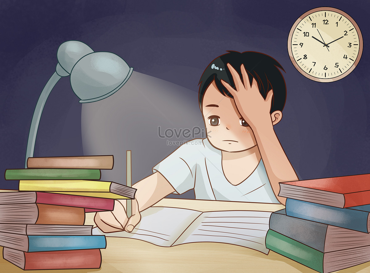 Children who stay up late to write homework, and homework, desk, employee working illustration