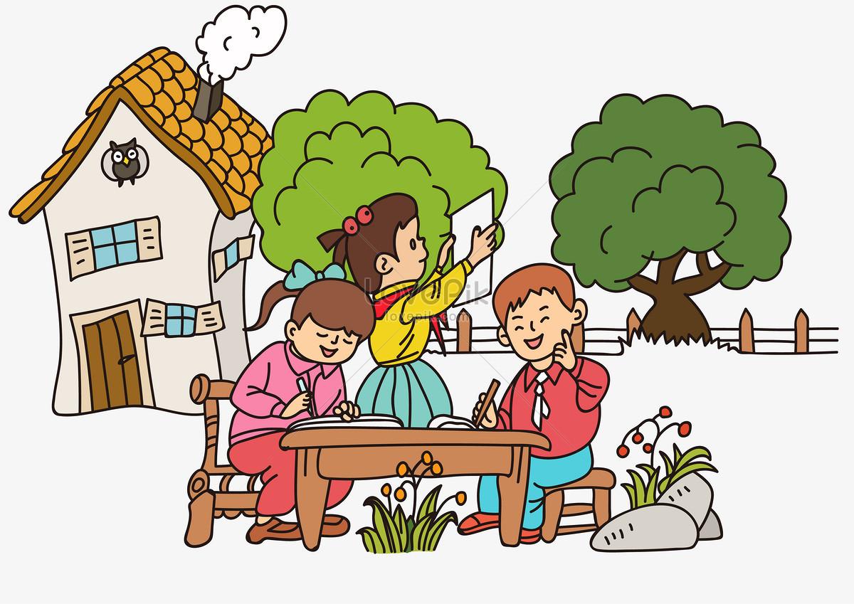 Do the homework, cartoon clipart, cartoon children, children outdoor illustration