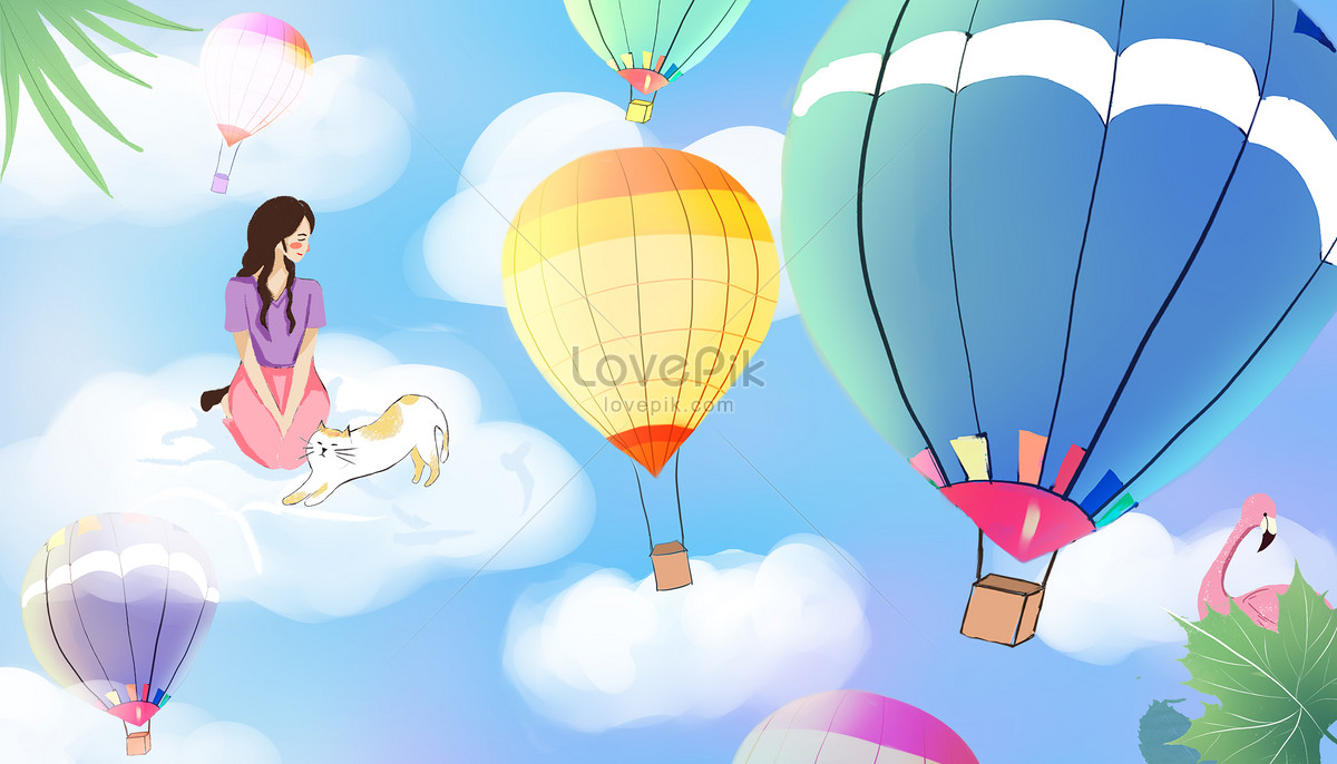 Traveling hot air balloon, ai girl, air cartoon, cartoon girl illustration