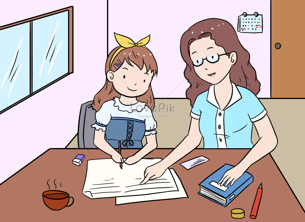 Children do homework caricatures, woman working, girl working, cartoon girl illustration