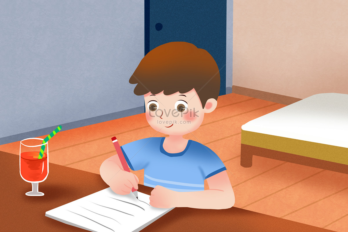do your homework, boy writing, boy illustration, room illustration illustration