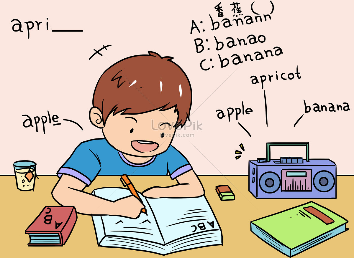 children do homework, boy studying, boy writing, and homework illustration