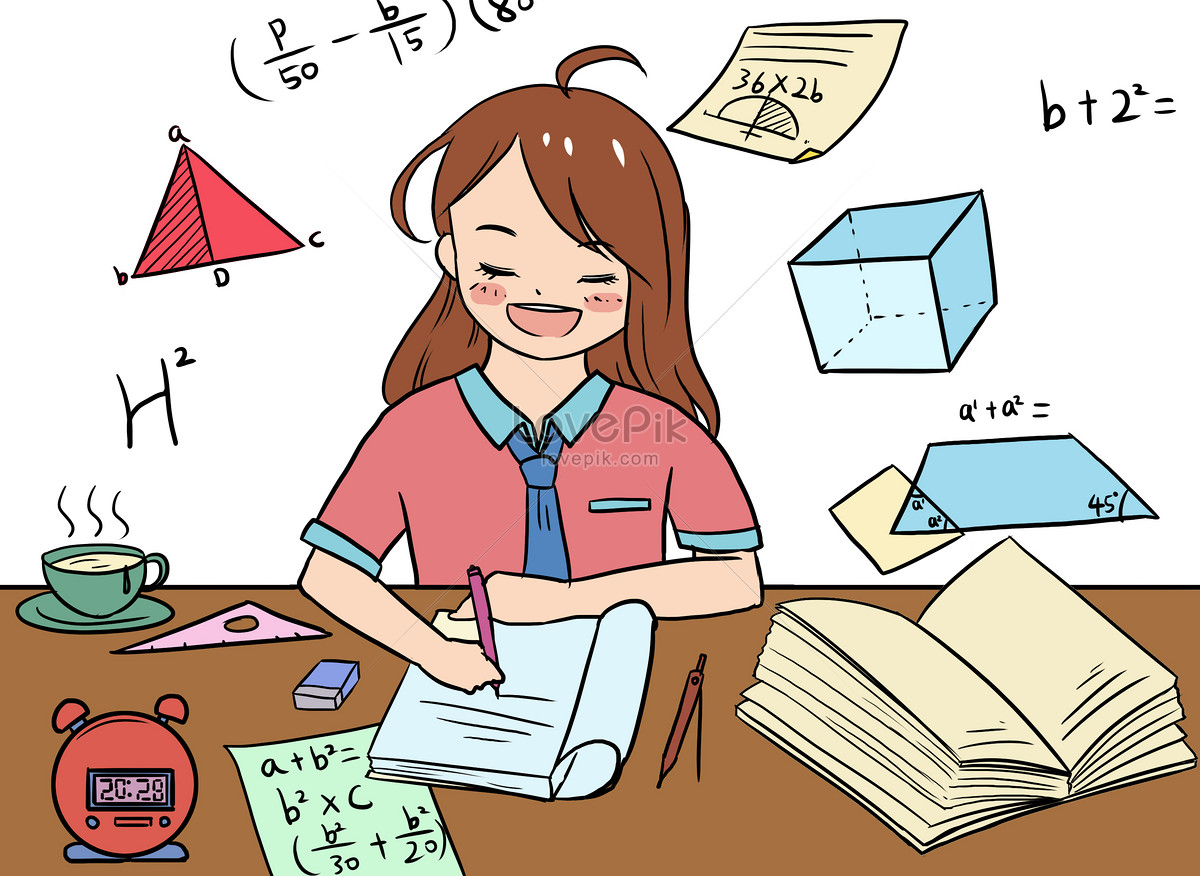children do homework, girl studying, and homework, desk illustration