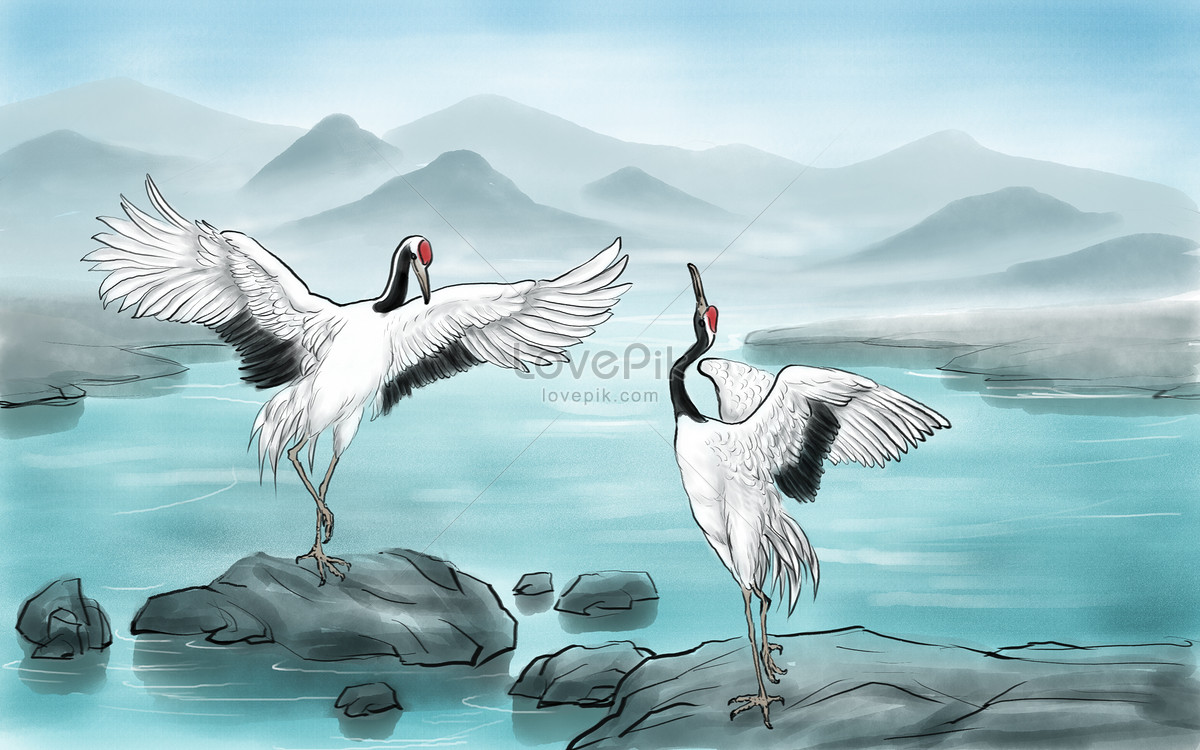 Chinese ink painting crane dance illustration image_picture free ...