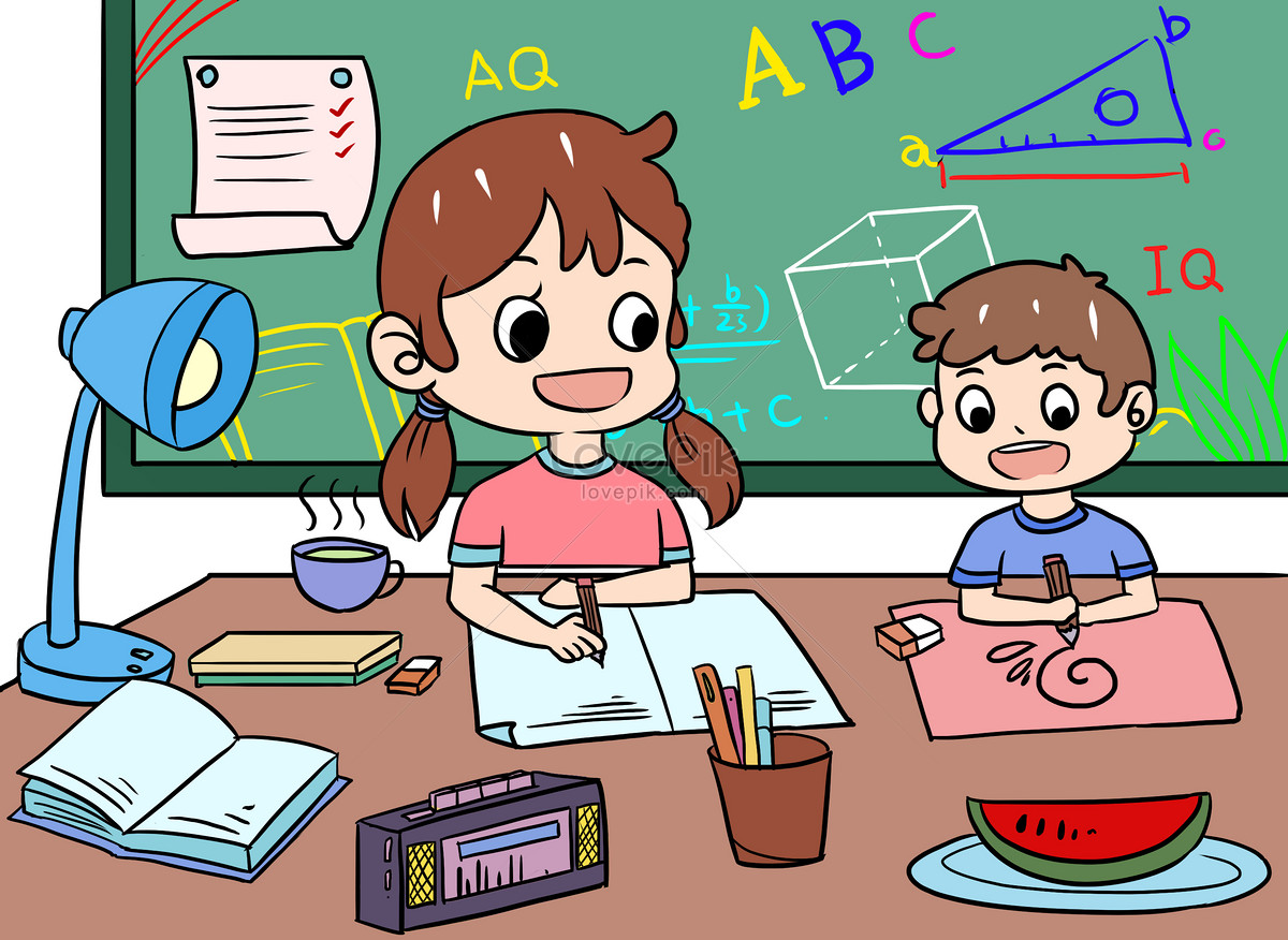 homework for children, cartoon desk, cartoon reading, boy reading illustration