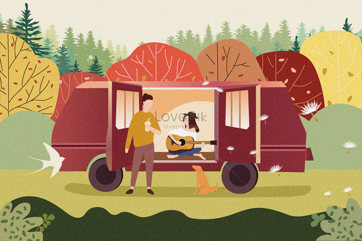 forest lovers travel, light maroon, animation light, couple illustrations illustration