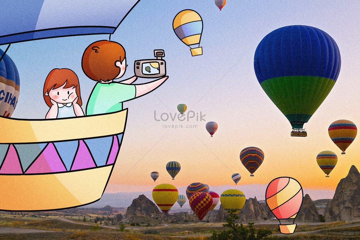 hot air balloon travel creative photography illustration, cartoon comic, air cartoon, balloon cartoon illustration