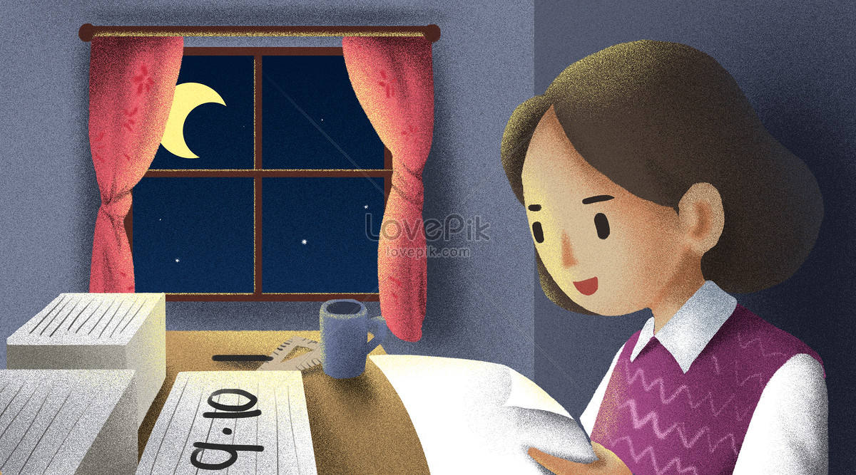 The teacher corrected the homework., night time, window, and homework illustration
