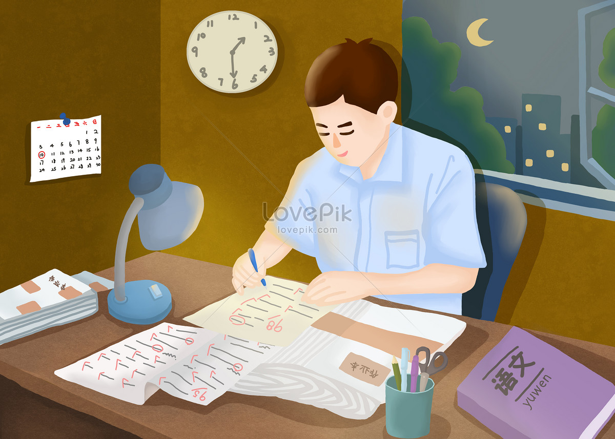 The teacher corrected the homework late at night., and homework, night, pupil illustration