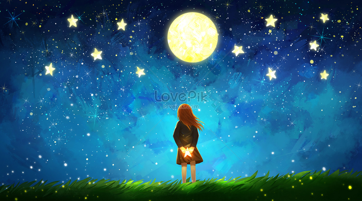 Girl Looking Up At The Stars Illustration Imagepicture Free Download
