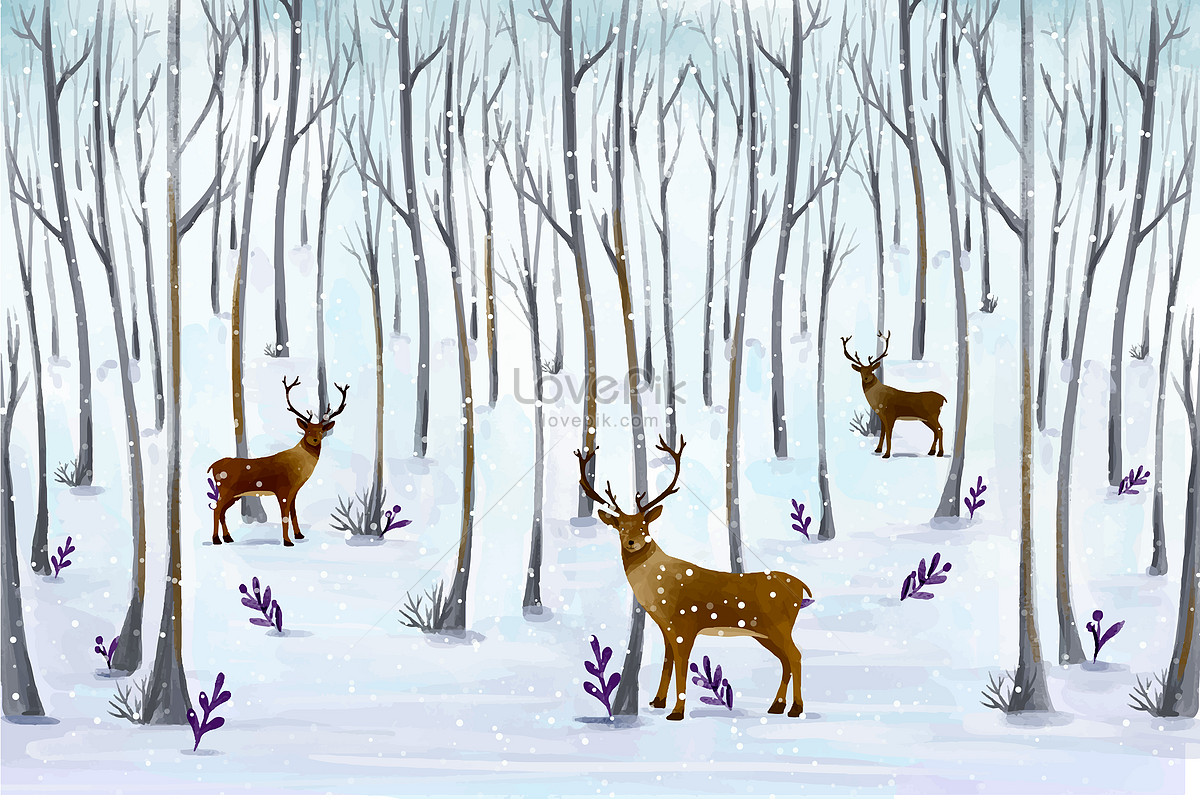 Олени зимой в лесу рисование с детьми