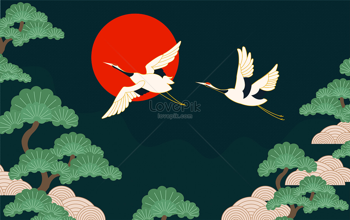 Traditional patterns of crane and pine trees illustration image_picture ...