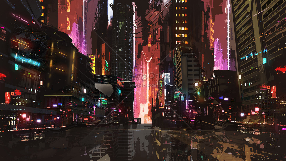 Neon Night City Landscape Cyberpunk Wallpaper by patrika