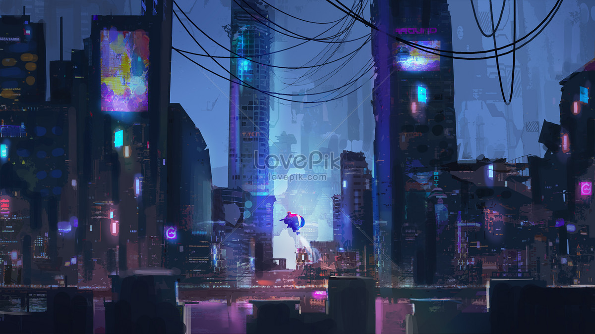Cyberpunk neon city illustration image_picture free download 401621599 ...