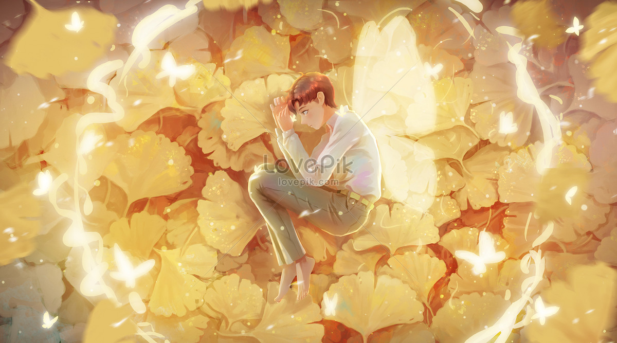 Lonely teenager on fallen leaves, snowflake, beauty, 4k illustration. lonel...