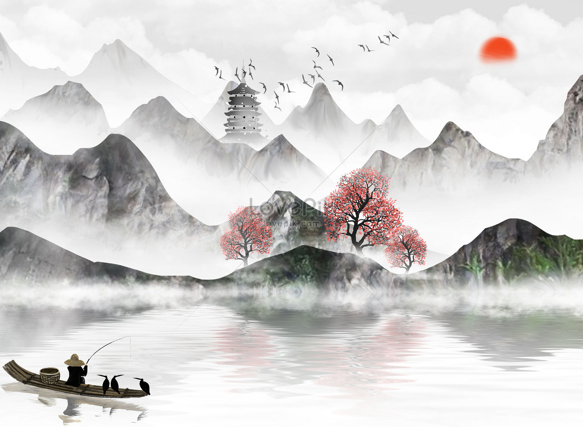 中国风水墨山水背景壁画图片-正图网