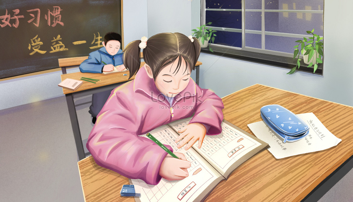 Girl doing homework in late self-study nursery Illustration