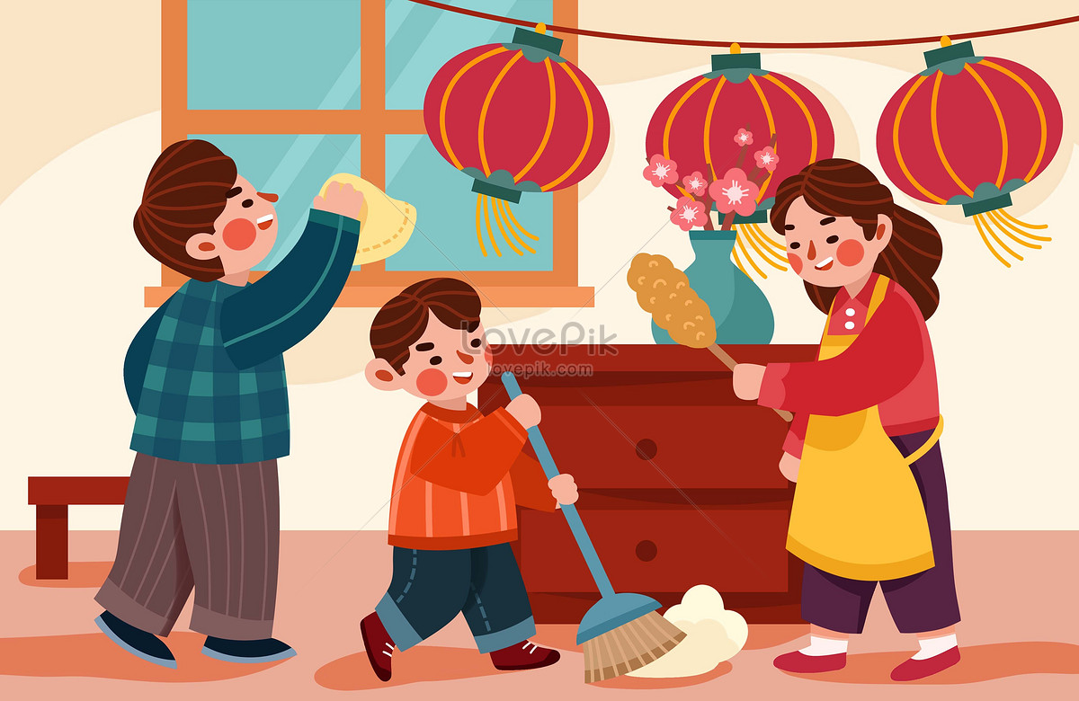 中国传统节日卡通手绘二十四扫尘图片_传统节日_节日假日-图行天下素材网