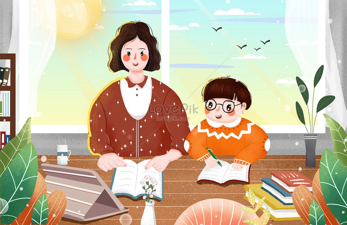 Small fresh online education mother tutoring homework illustrati, and homework, pupil, kids cartoon illustration