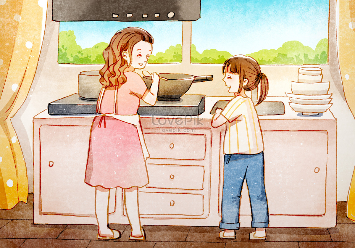 Мама на кухне на английском. Сюжетная картина на кухне. Мама и я на кухне рисунок. Мама с дочкой моют посуду. Мама на кухне картинка для детей.